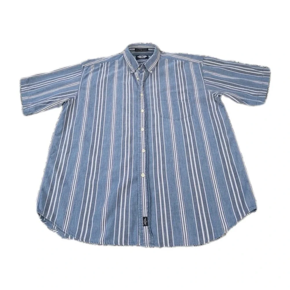 Levis Dockers Shirt‎ L Blue Striped Chambray Short Sleeve Button Down Collared